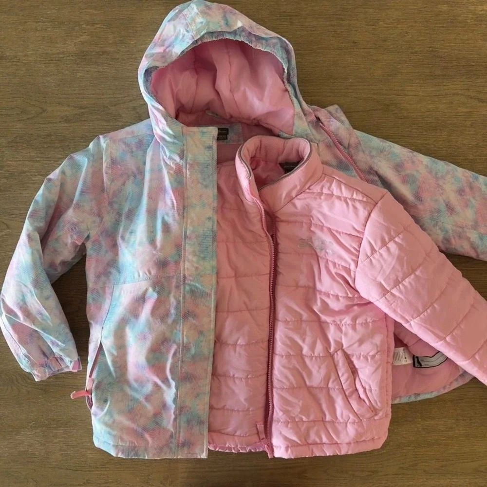 Eddie Bauer Girls 3-in-1 Winter Jacket Pink Pastel Hooded Puffer Coat M 10/12